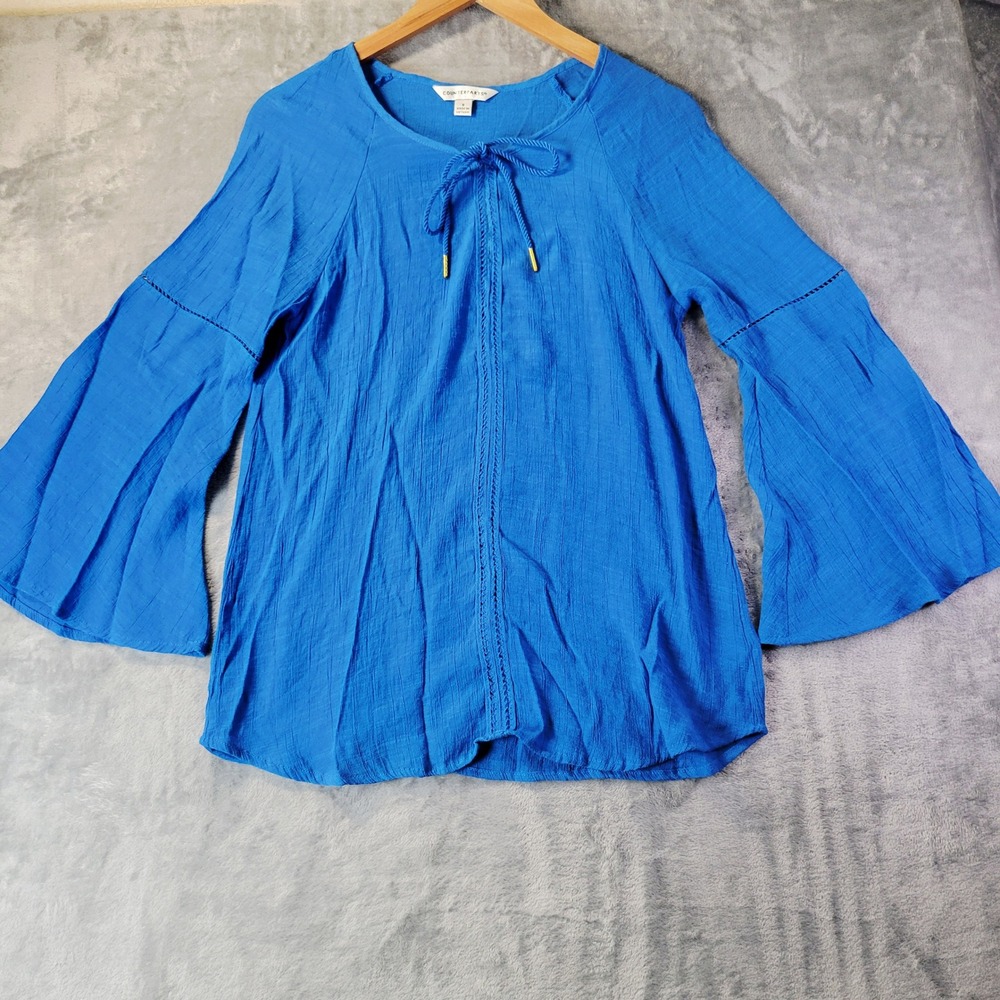 Counterparts Blue‎ Bell Sleeve Boho Tie Neck Blouse Top 911844HA Womens Small